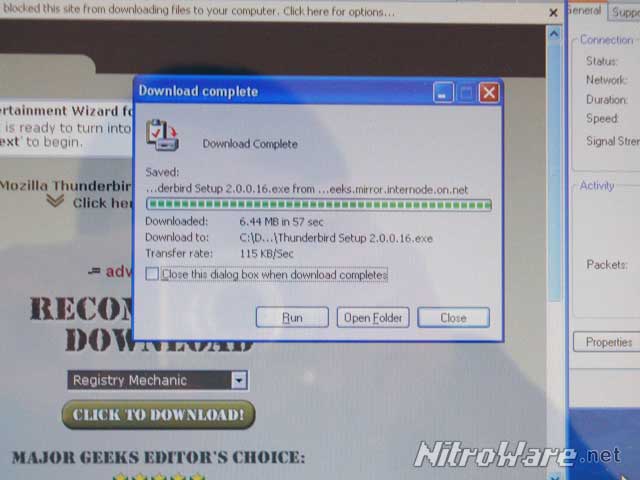 Mozilla Thunderbird download total time, using  a Telstra NextG 7.2 wireless connection